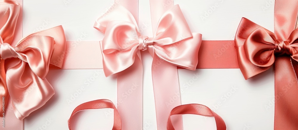 Poster coral-colored silk bows and ribbons in a set for gift wrapping with a white background for copy spac