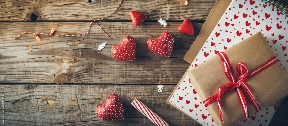Poster flat lay with a notepad and heart-patterned wrapping paper on a wooden desk, featuring a copy space 