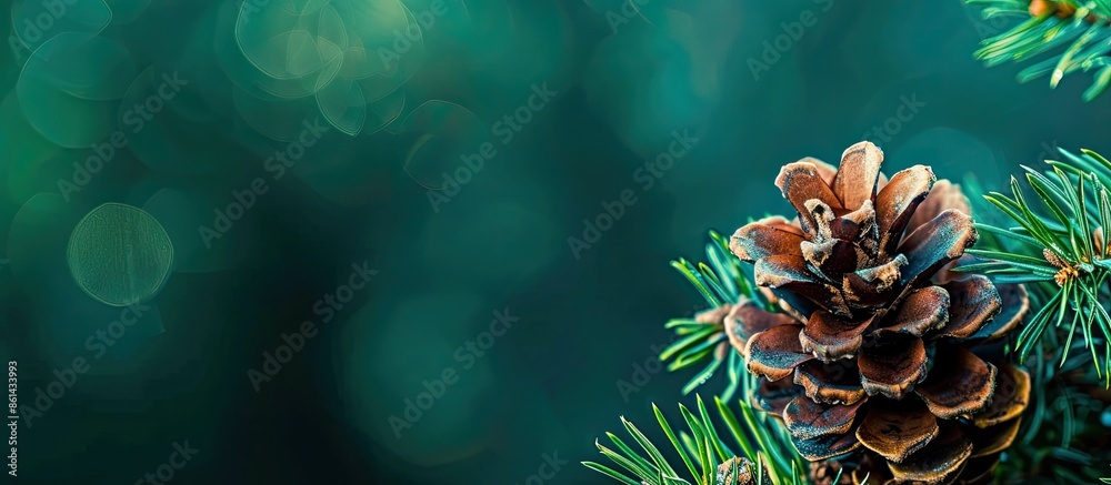 Poster close-up image of a pinecone on a spruce against a lush green backdrop, symbolizing christmas and ne