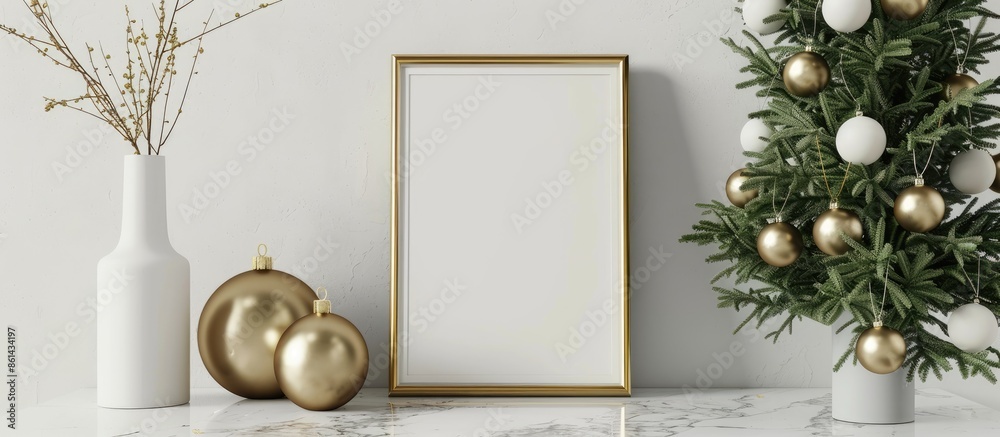 Aufkleber Festive indoor setting featuring a mockup frame surrounded by Christmas tree branches in a vase and golden ornaments against a white wall and marble table backdrop. Ample copy space image available.