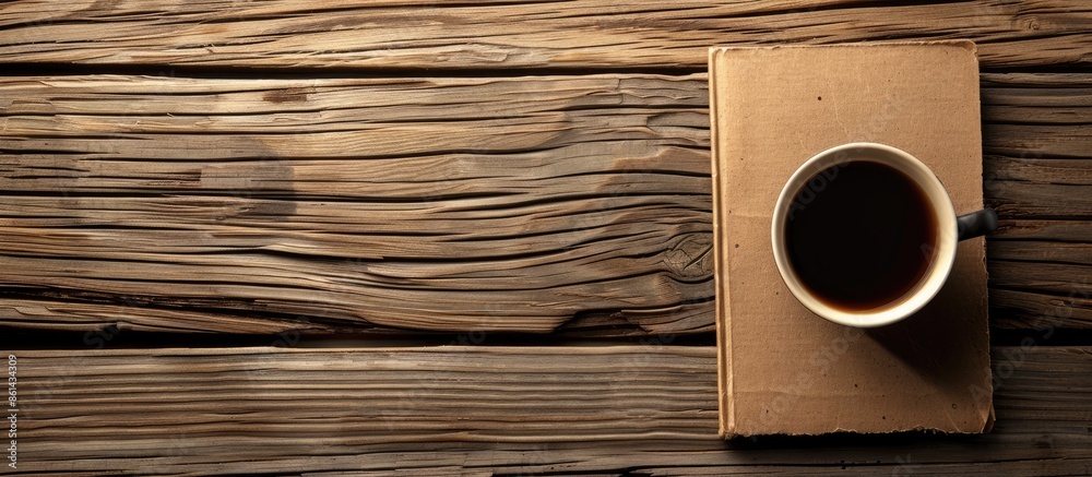 Poster an old wooden background frames a blank book alongside a cup of coffee, with space for additional co