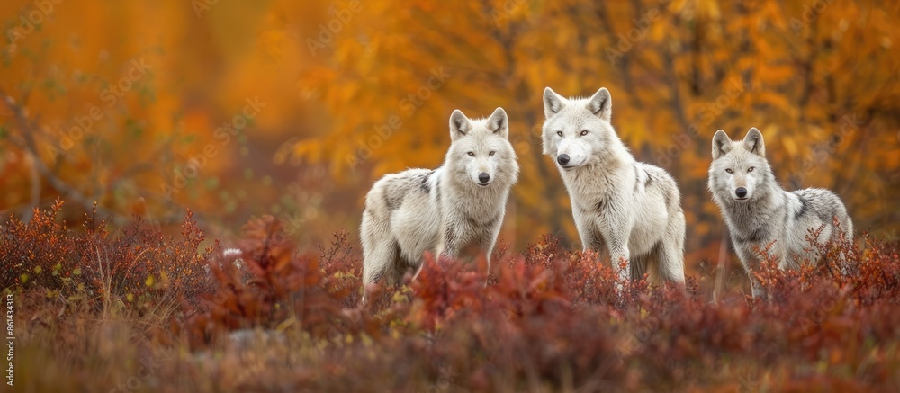 Poster Arctic Wolves in the fall with a copy space image.