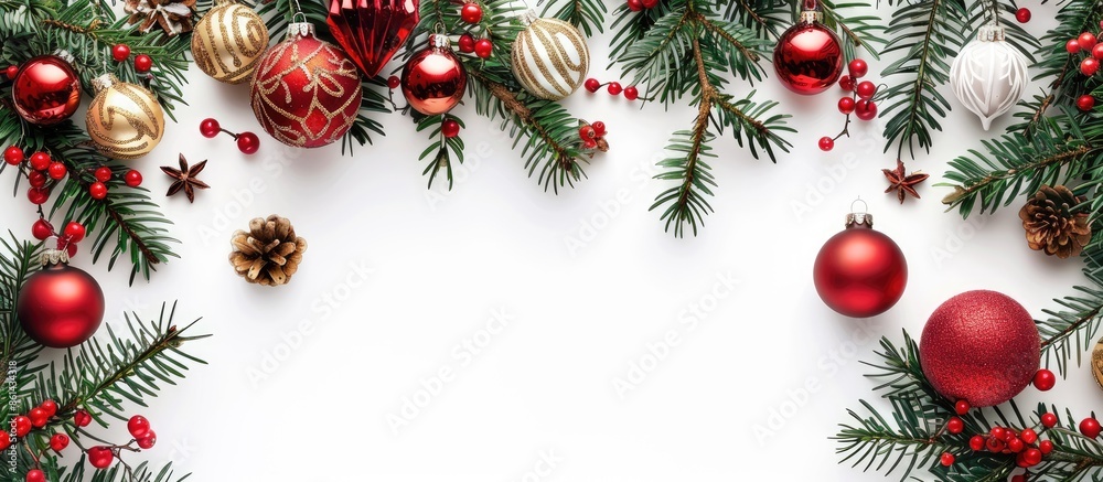 Poster Festive Christmas decorations on a blank white background with ample copy space image for text or design elements.