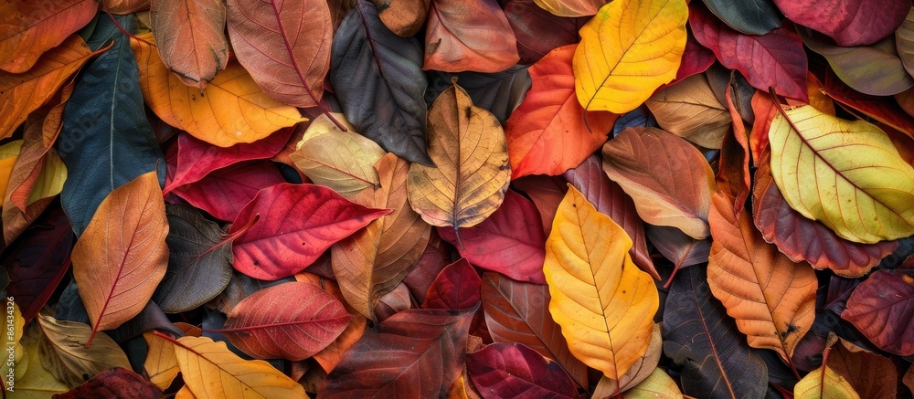 Fototapete autumn concept displayed with a variety of colorful, dry jackfruit tree leaves in a top view flat la