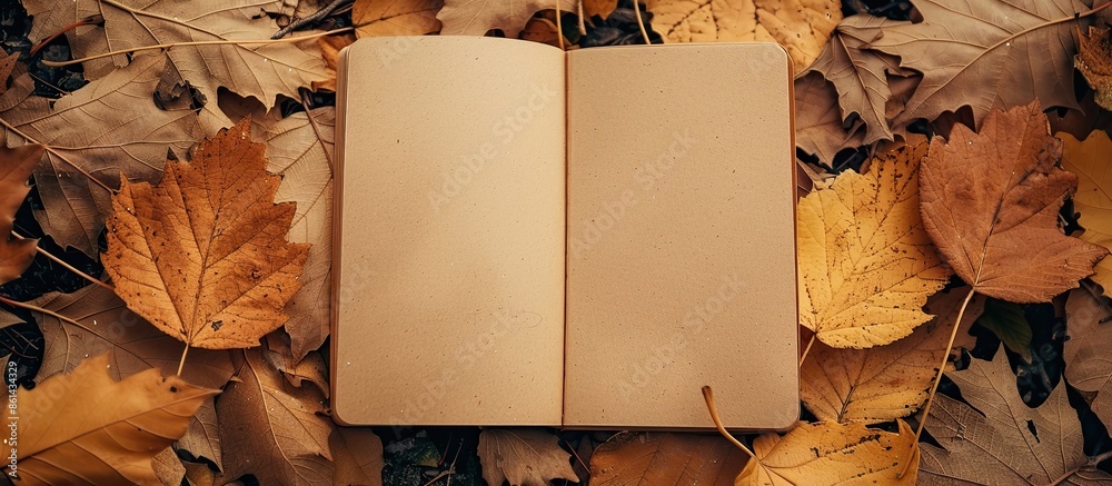 Poster Brown craft paper sheet and autumn leaves provide the backdrop for a diary in this copy space image, ideal for text placement.