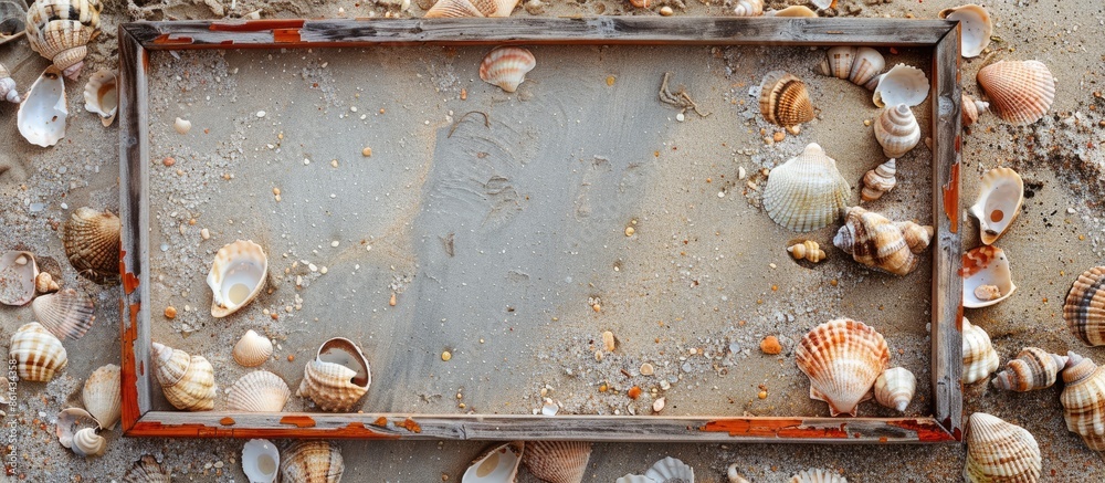 Poster Copy space image of a picture frame set against a backdrop of shells and sand.