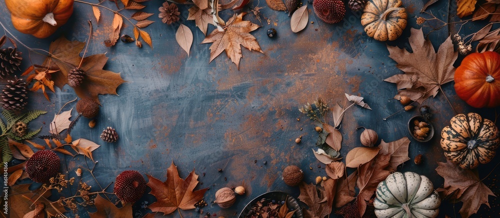 Poster autumn-themed arrangement with dried leaves and various decorative elements on a tabletop for a flat