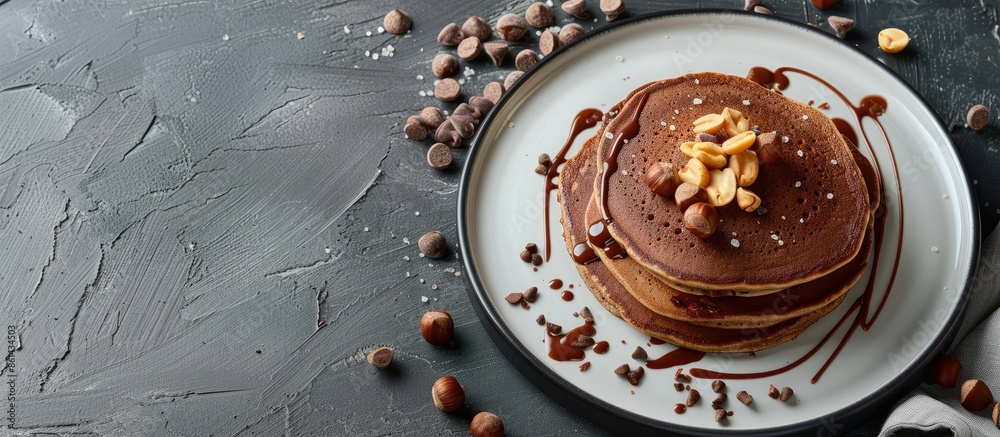 Poster chocolate and hazelnut pancakes on a white plate against a concrete background with a slate backdrop