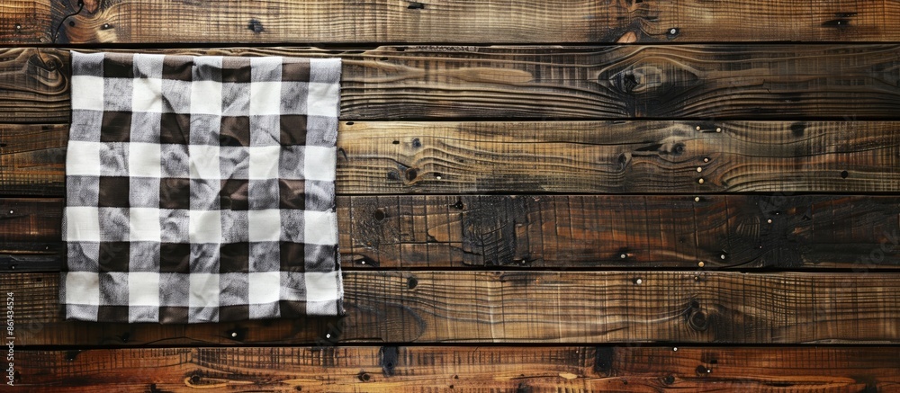 Poster an aerial view of a wooden table topped with a checkered tablecloth serves as a kitchen background, 