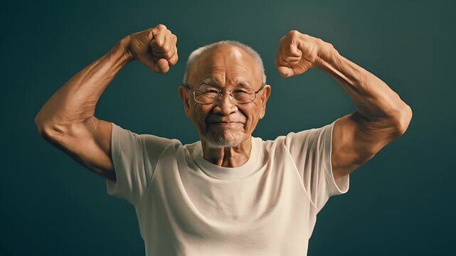 Smiling elderly patient Asian man flexing muscles and looking at camera feels healthy. Elderly healthcare concept. Showing biceps, muscles	