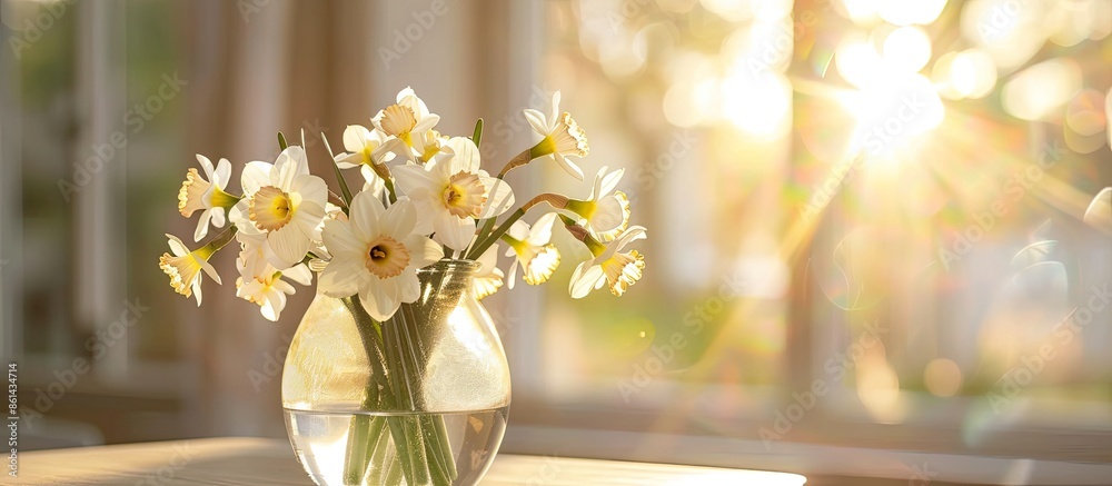 Poster copy space image depicting a glass vase with a beautiful bouquet of white daffodils, symbolizing eas