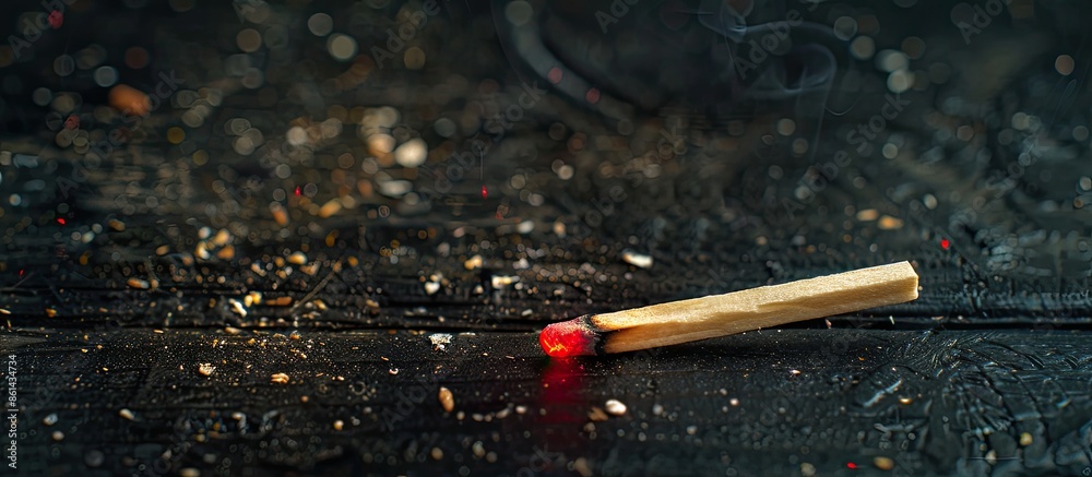 Poster Almost fully extinguished match on a close-up black background with copy space image.