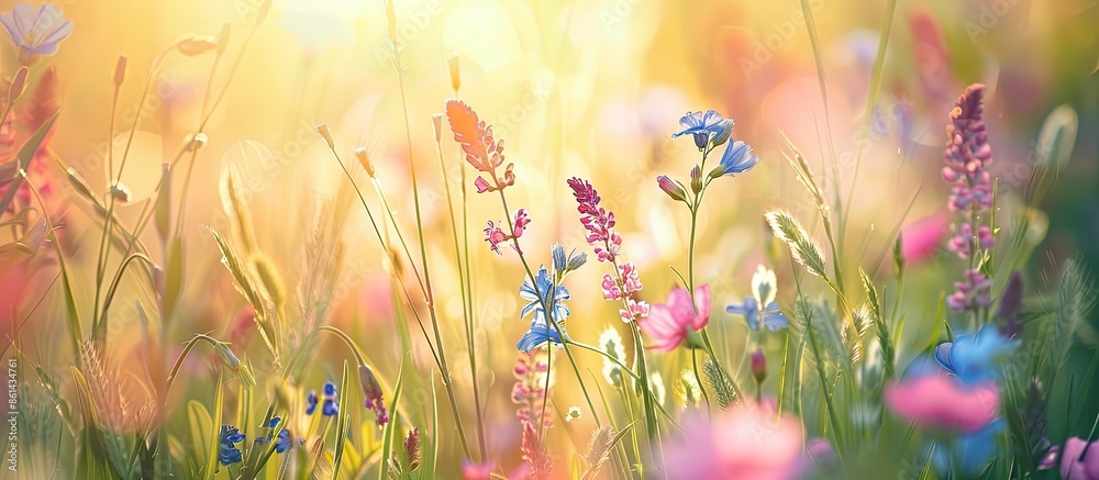 Poster capture the close-up of wildflowers in a sunny summer meadow for a nature-themed design project, wit