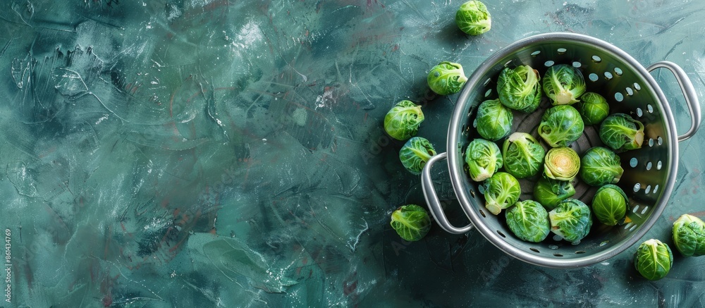 Poster Brussels sprouts in a colander on a table with copy space image.