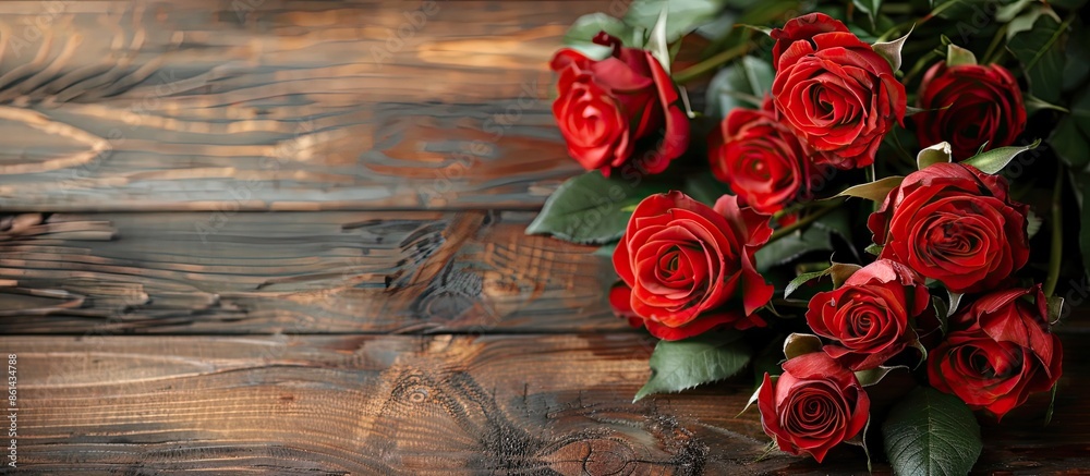 Poster arranged bouquet of roses on a wooden background with space for image insertion. image with copy spa