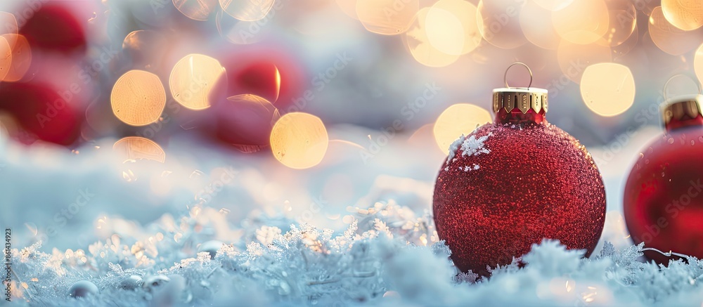 Poster Close-up of Christmas balls on snow creating a festive background with ample copy space image.