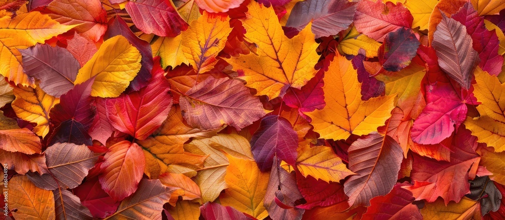 Poster autumn leaves in vibrant colors create a natural seasonal background in the copy space image.