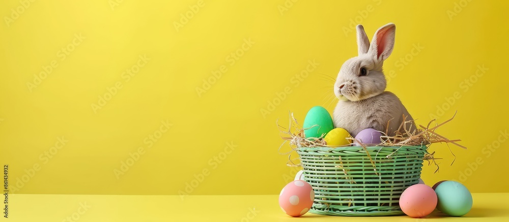 Poster easter-themed scene with a lilac rabbit, colorful easter eggs in a green basket set against a yellow