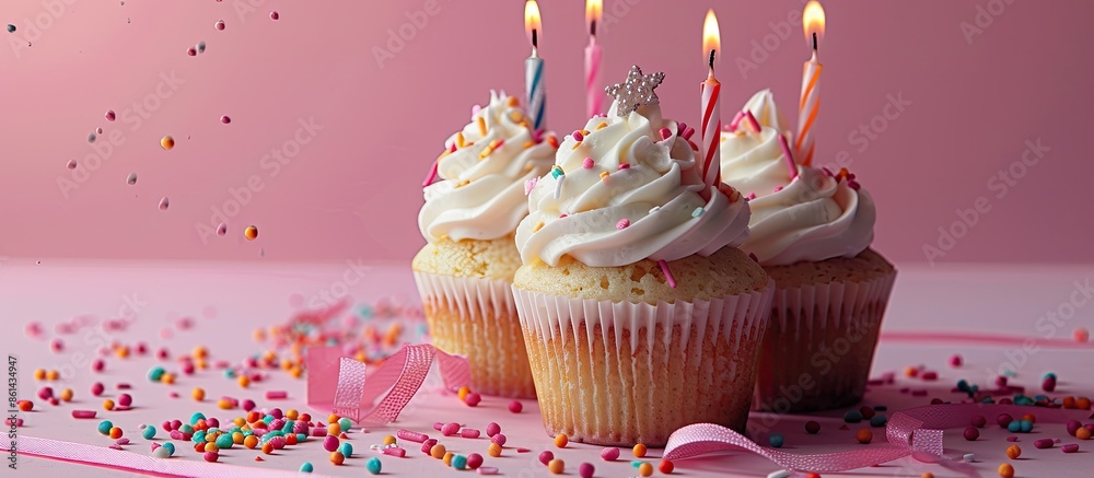 Poster an image of a cupcake with candles, sprinkles, and ribbon on a pink background for a 17th birthday c