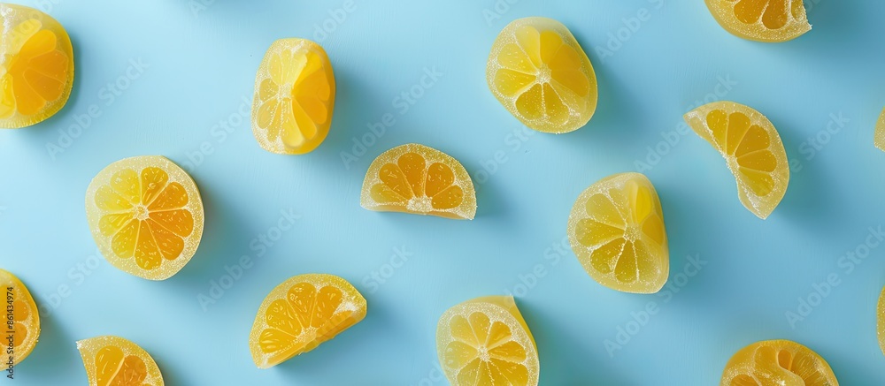 Poster Delectable lemon gum on a soft blue backdrop with room for text in the image. image with copy space