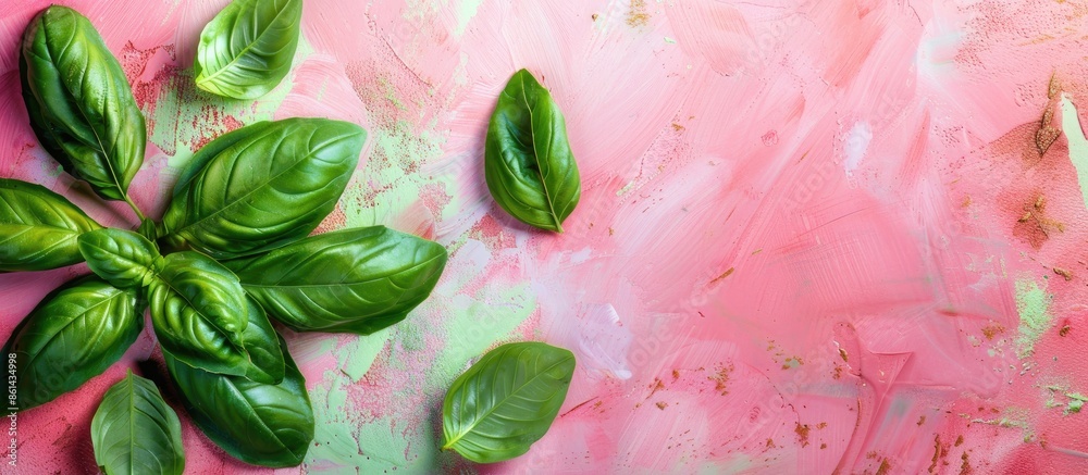 Aufkleber basil leaves on a bright backdrop with copy space image.