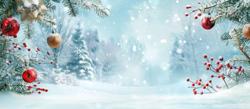 Celebrate the festive season with a charming winter landscape complete with snow and beautiful decorations against a copy space image.
