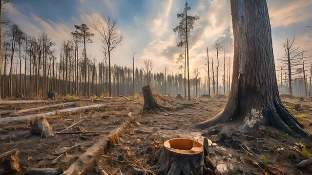 Pine forest patch exploitation, Deforestation, Stump forest destruction damage climate change	