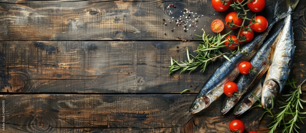 Aufkleber flat lay arrangement of fresh mackerel, tomatoes, and rosemary on a wooden surface, allowing for add