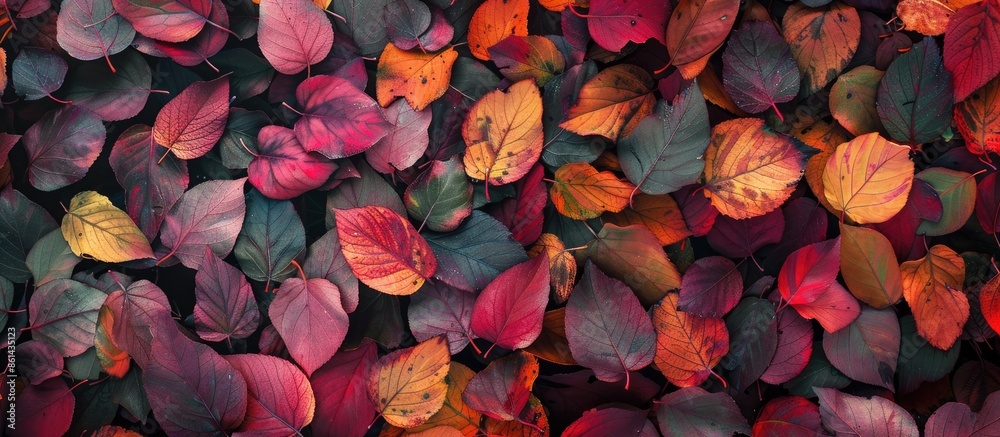 Aufkleber autumn leaves in vibrant colors create a natural seasonal background in the copy space image.