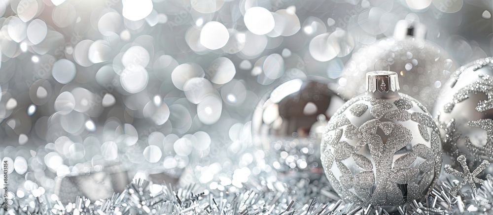 Poster festive decorations like balls and snowflakes set against a sparkling silver background creating a c