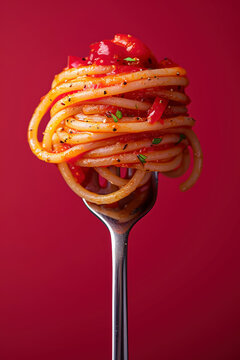 Appetizing spaghetti rolled on fork with typical Italian sauce