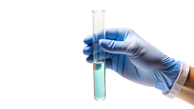 A gloved hand in a lab holds a test tube filled with  liquid for medical research