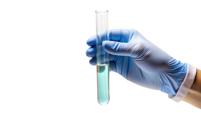 A gloved hand in a lab holds a test tube filled with  liquid for medical research