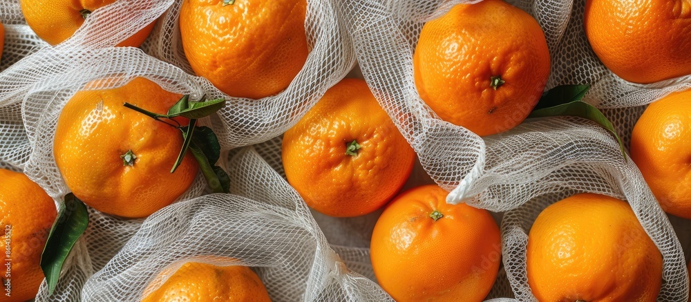 Poster Flatlay composition featuring oranges displayed with mesh bags, creating an appealing copy space image.