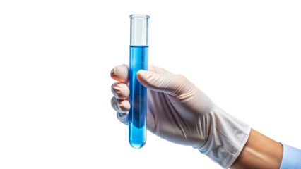 A gloved hand in a lab holds a test tube filled with  liquid for medical research