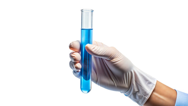 A gloved hand in a lab holds a test tube filled with  liquid for medical research