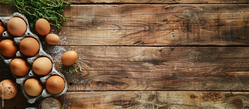 Poster Eggs and raw ingredients arranged on a wooden table for baking preparation, with a spacious image for text or design overlay. image with copy space