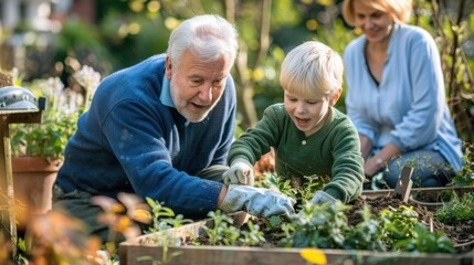 Fototapeta premium A Grandfather and Grandson Gardening