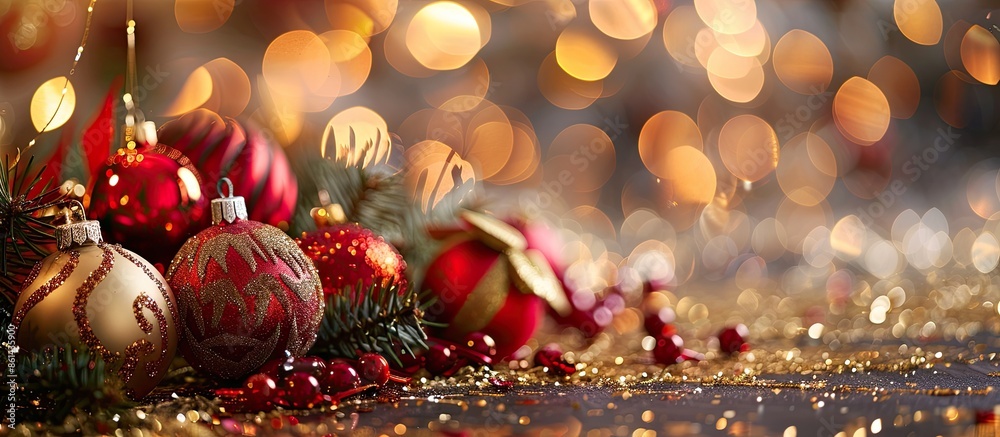 Aufkleber Festive Christmas decorations create a border on an abstract New Year's backdrop with a focused copy space image.