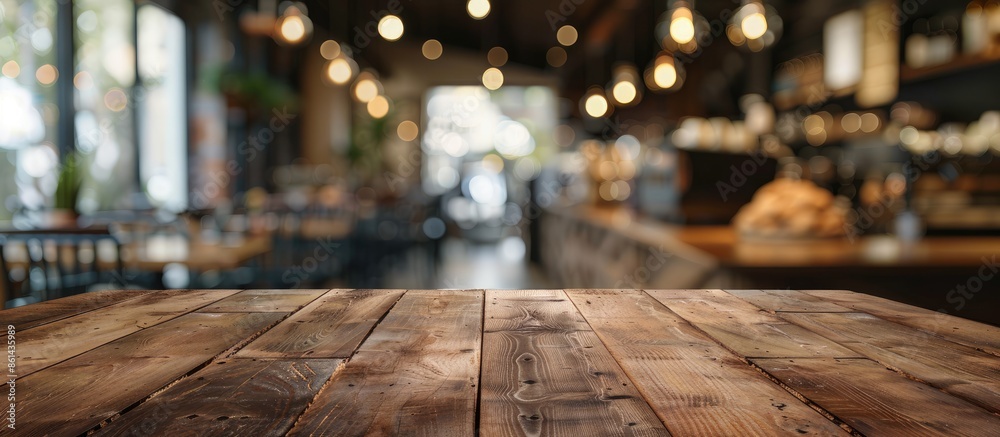 Poster Create your photomontage or display products with a focused shot of an empty brown wooden table against a blurred Coffee shop background with bokeh effects providing copy space.