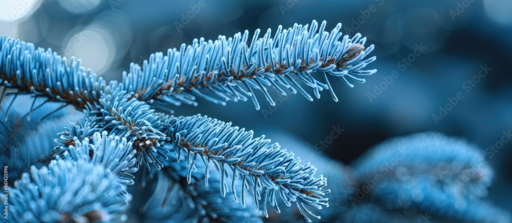 Aufkleber close-up of fluffy blue spruce branch with selective focus for christmas tree background, providing 