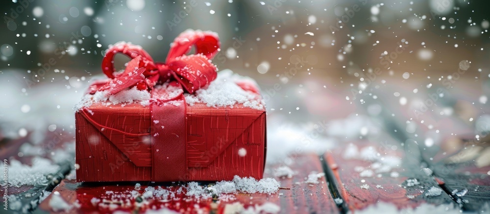 Poster close-up of a festive gift box with a bow on a wooden surface with snow, ideal for a copy space imag