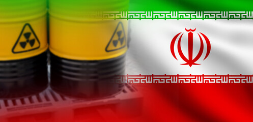 Barrels with uranium. Flag Iran. Nuclear danger symbol on tanks. Uranium production in Iran. Development nuclear fuel. Supply enriched uranium to Iran. Fuel for nuclear power plant. Selective focus © Grispb