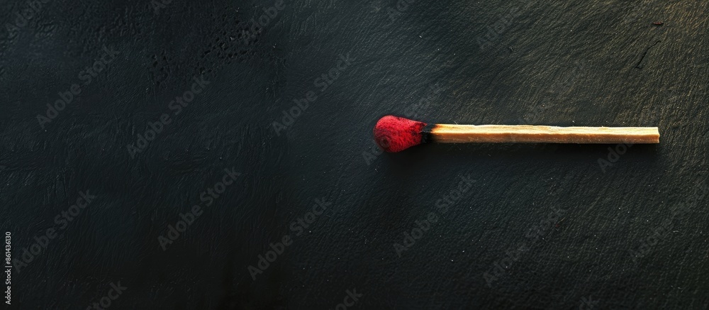 Poster Almost fully extinguished match on a close-up black background with copy space image.