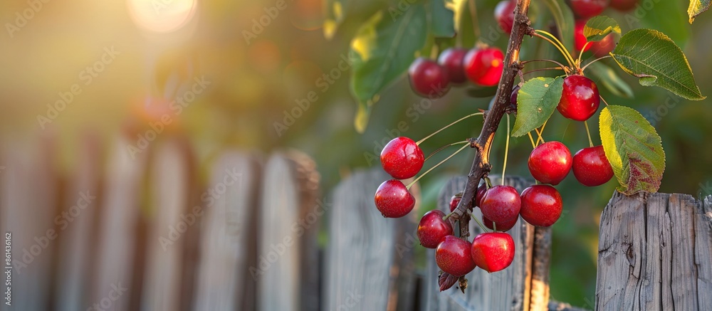 Poster cherry-plum tree branch with fruits against a rustic wooden fence with blurred background, ideal for