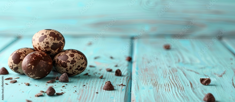 Poster chocolate quail eggs displayed on blue wooden boards with a backdrop suitable for copy space image.