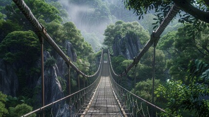 Fototapeta premium Wooded area with a suspension bridge for walking.