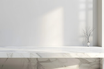 Luxury white marble table with natural light shadows on white wall for product placement display. Modern minimal interior design with trendy neutral aesthetic for beauty cosmetics scene.