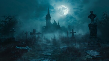 An ominous castle bathed in fog and eerie moonlight, standing beyond a weathered graveyard with old crosses and tombstones lining the shadowy path.