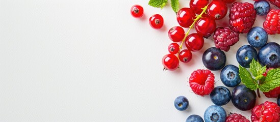 Assortment of ripe red currants, blueberries, and raspberries with mint, bordering a white background with a copy space image, viewed from the top.